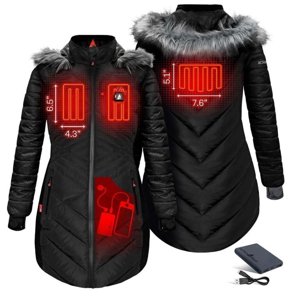 ActionHeat NWT 5V Battery Infrared Heated Hooded Long Puffer Jacket Black Small